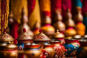 colorful pots and vases are displayed on a table. AI-Generated photo