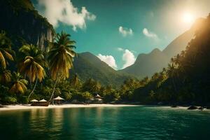 a tropical beach with palm trees and mountains. AI-Generated photo