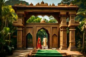 a couple in traditional indian attire standing in front of a wooden archway. AI-Generated photo