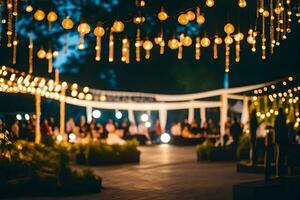 a wedding reception with lights hanging from the ceiling. AI-Generated photo