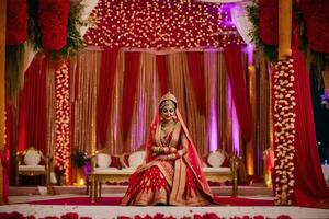 a beautiful bride sitting on a red and gold stage. AI-Generated photo