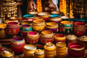 colorful pots and bowls on display at a market. AI-Generated photo