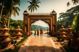 two people in traditional dress standing in front of an archway. AI-Generated photo