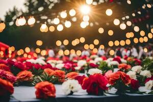 flowers and garlands are arranged on a table. AI-Generated photo