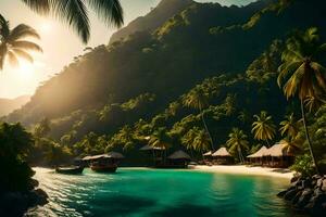 tropical beach with palm trees and boats. AI-Generated photo