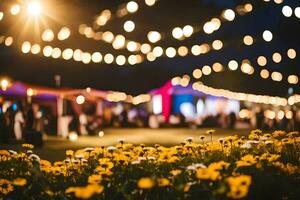 un campo de amarillo flores y luces a noche. generado por ai foto
