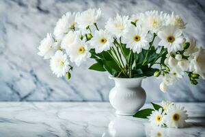blanco flores en un florero en un mármol encimera. generado por ai foto
