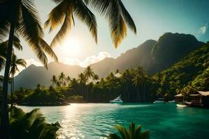 tropical isla con palma arboles y barcos en el agua. generado por ai foto