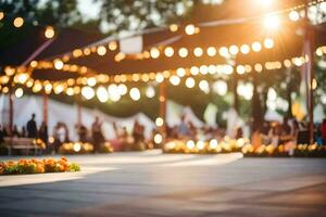 a wedding reception with lights and flowers. AI-Generated photo