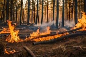 a forest fire in the middle of a forest. AI-Generated photo