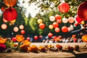 rojo y naranja papel linternas colgando desde arboles generado por ai foto