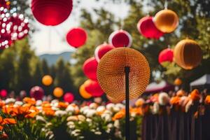 many red and orange paper lanterns are hanging in the air. AI-Generated photo