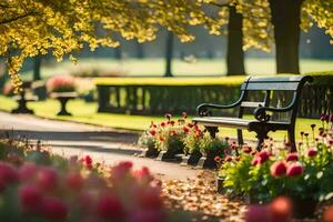 a park bench surrounded by flowers and trees. AI-Generated photo