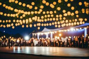 un Boda fiesta es debajo el luces con cuerda luces. generado por ai foto