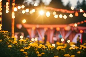 yellow flowers in the foreground with string lights. AI-Generated photo