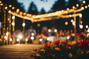 a wedding ceremony with lights and flowers. AI-Generated photo