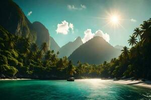 the sun shines over a tropical beach and mountains. AI-Generated photo