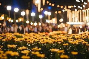 yellow flowers in the middle of a field at night. AI-Generated photo