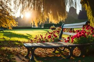 un banco en un parque con flores y arboles generado por ai foto