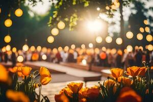 orange tulips in the sun with lights in the background. AI-Generated photo