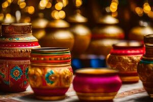 many colorful pots and vases are lined up on a table. AI-Generated photo