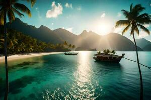 the sun shines over a tropical island with palm trees and boats. AI-Generated photo