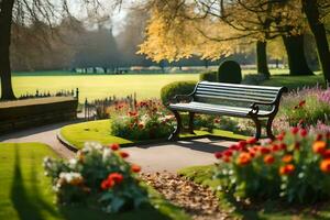 a park bench in a park surrounded by flowers. AI-Generated photo