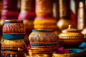 indian pottery on display at a market. AI-Generated photo