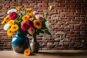 ramo de flores de flores en un florero en un mesa. generado por ai foto