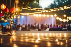 a wedding reception with lights and decorations. AI-Generated photo