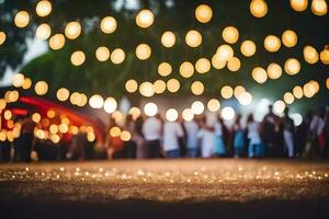 a group of people standing in the grass with lights on them. AI-Generated photo