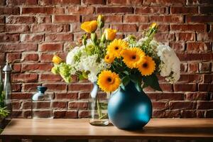 a blue vase with yellow and white flowers on a table. AI-Generated photo