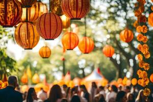 many orange lanterns hanging from trees. AI-Generated photo