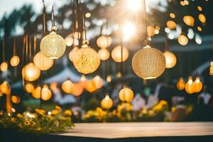 many hanging lights on a wooden table. AI-Generated photo