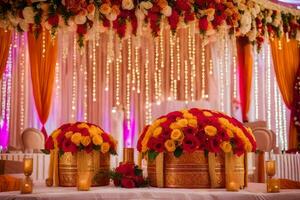 a wedding reception with red and orange flowers. AI-Generated photo