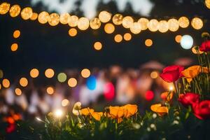 a group of people are standing in front of a garden with lights. AI-Generated photo