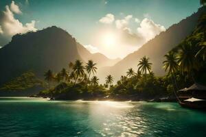 un tropical isla con palma arboles y un bote. generado por ai foto