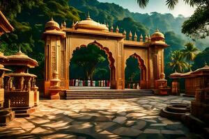 an indian temple in the middle of a forest. AI-Generated photo