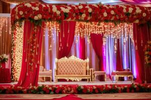 an indian wedding stage decorated with red and gold flowers. AI-Generated photo