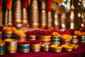 indian wedding decor with colorful flowers. AI-Generated photo