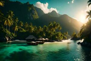 a tropical island with palm trees and a boat. AI-Generated photo