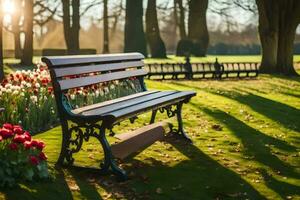 un banco en un parque con tulipanes y arboles generado por ai foto