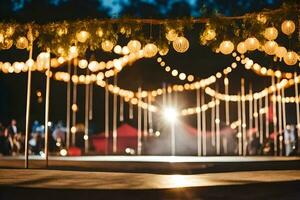 un Boda etapa con luces y cuerda luces. generado por ai foto