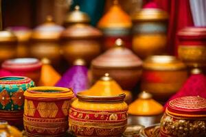 colorful pots and vases are on display in a shop. AI-Generated photo