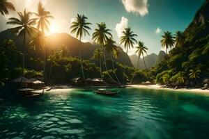 tropical beach with palm trees and boats. AI-Generated photo