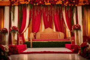 a wedding stage decorated with red and gold flowers. AI-Generated photo