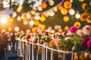 flores son arreglado en un mesa a un al aire libre evento. generado por ai foto