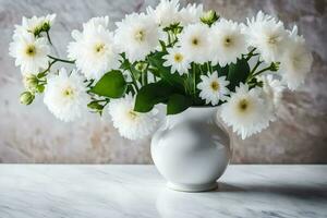 blanco flores en un florero en un mesa. generado por ai foto