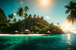 tropical island with palm trees and huts. AI-Generated photo