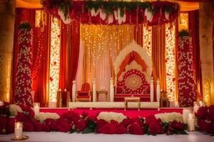 an indian wedding stage decorated with red and gold. AI-Generated photo